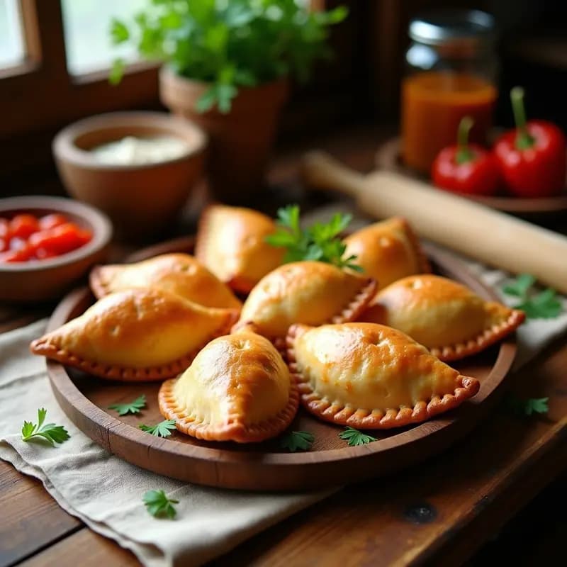Empanadas gallegas doradas y crujientes dispuestas en una bandeja de madera rústica, con relleno de atún y pimiento asomando por los bordes sellados. Acompañadas de perejil fresco picado y un fondo de cocina tradicional.