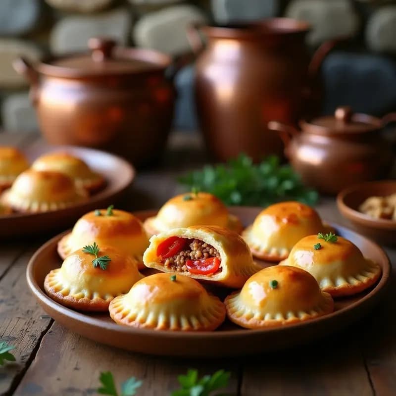 Empanadas gallegas doradas y brillantes rellenas de atún y pimientos, servidas en un plato de madera rústico con un fondo de cocina tradicional galleta.