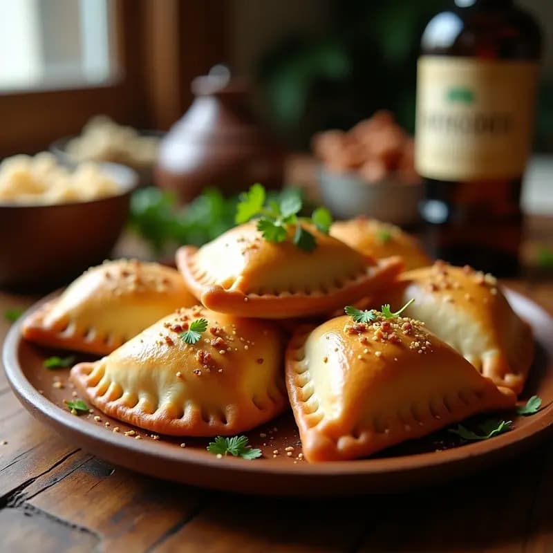 Empanadas gallegas doradas y crujientes rellenas de xouba y cebolla caramelizada, servidas en un plato de madera con hojas de perifollo, receta gourmet en airfryer.