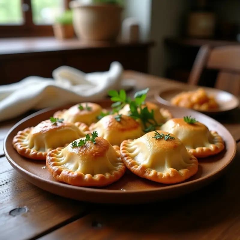 Empedanadas gallegas doradas y crujientes rellenas de xouba y cebolla, servidas en una bandeja de madera rústica con perejil fresco por encima.