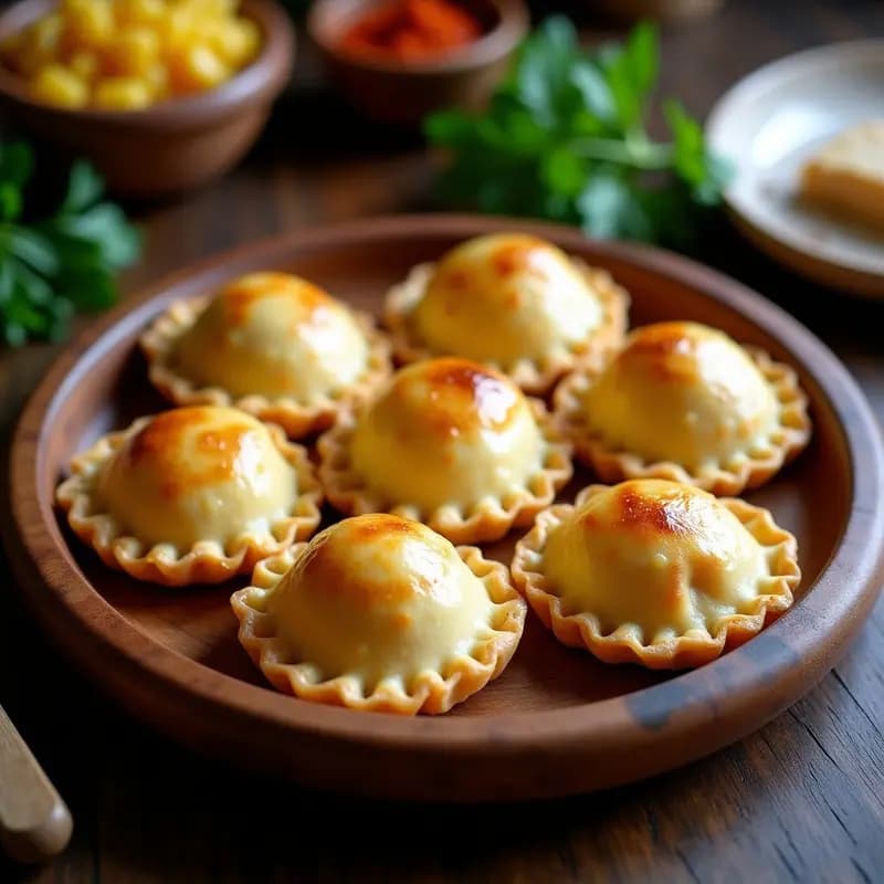 Empanadas gallegas doradas y crujientes de xouba en masa de maíz sin gluten, servidas en una bandeja de madera rústica con perejil fresco y rodajas de limón.