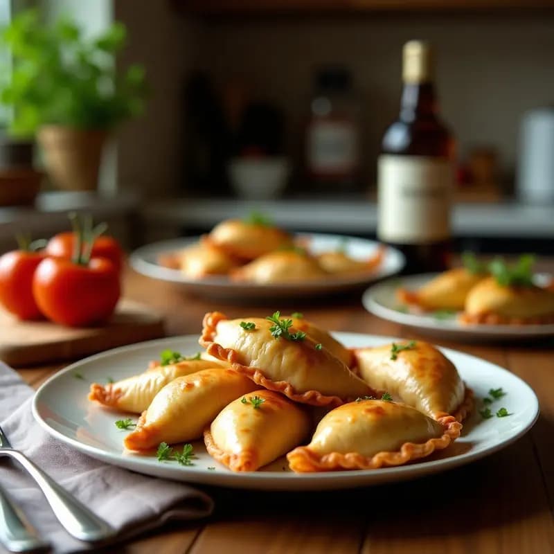 Empanadas gallegas de xouba y pimiento recién horneadas, doradas y crujientes, con masa integral y relleno jugoso. Sobre una tabla de madera rústica con un pimiento choricero y cebolla al lado, receta tradicional española.