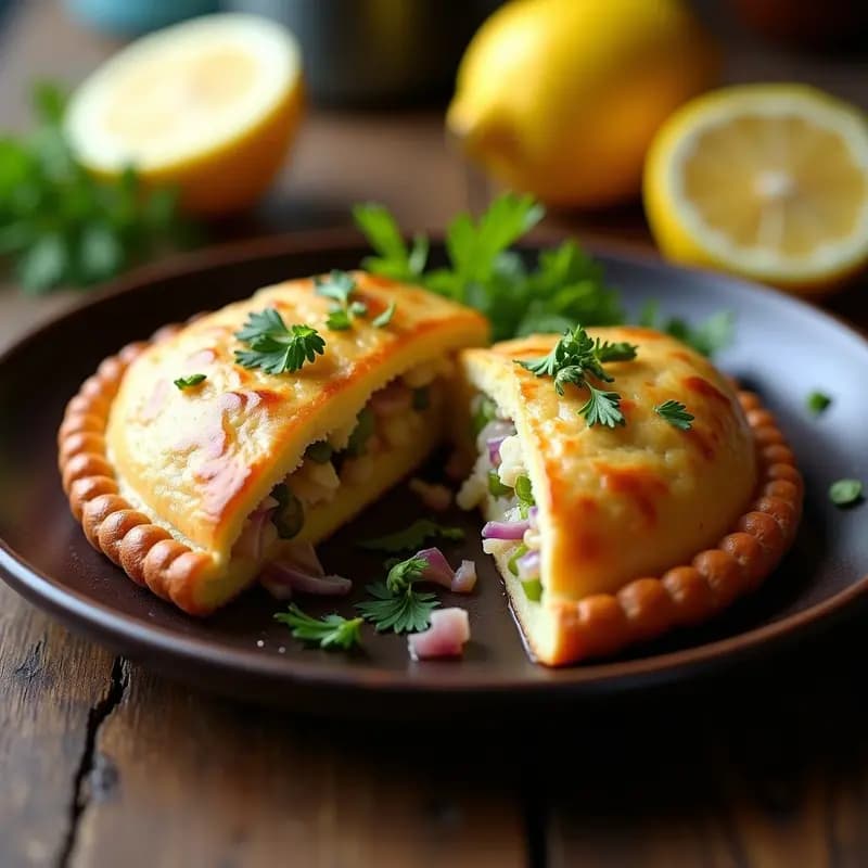 Empedanadas gallegas doradas y crujientes rellenas de zamburiñas y puerro, servidas en un plato de barro rústico con perejil fresco espolvoreado.