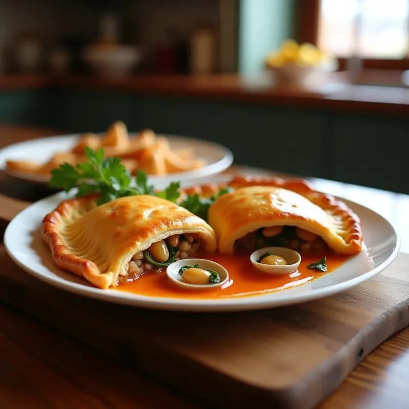 Empanada gallega dorada y crujiente en masa de hojaldre, rellena de zamburiñas jugosas con un toque de pimentón, servida sobre un plato de madera rústico con un fondo de cocina tradicional.