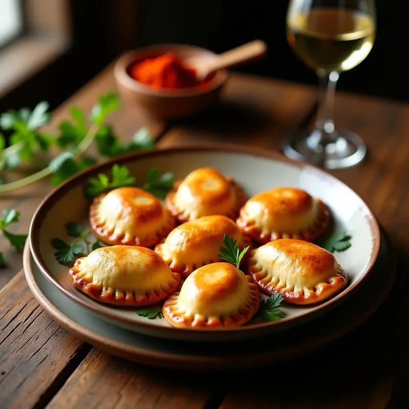 Empanadas gallegas de zorza con cerdo y pimentón, doradas y crujientes, dispuestas en una fuente de barro rústica sobre un mantel de lino. El relleno jugoso de grasa y pimentón asoma ligeramente al cortarlas.
