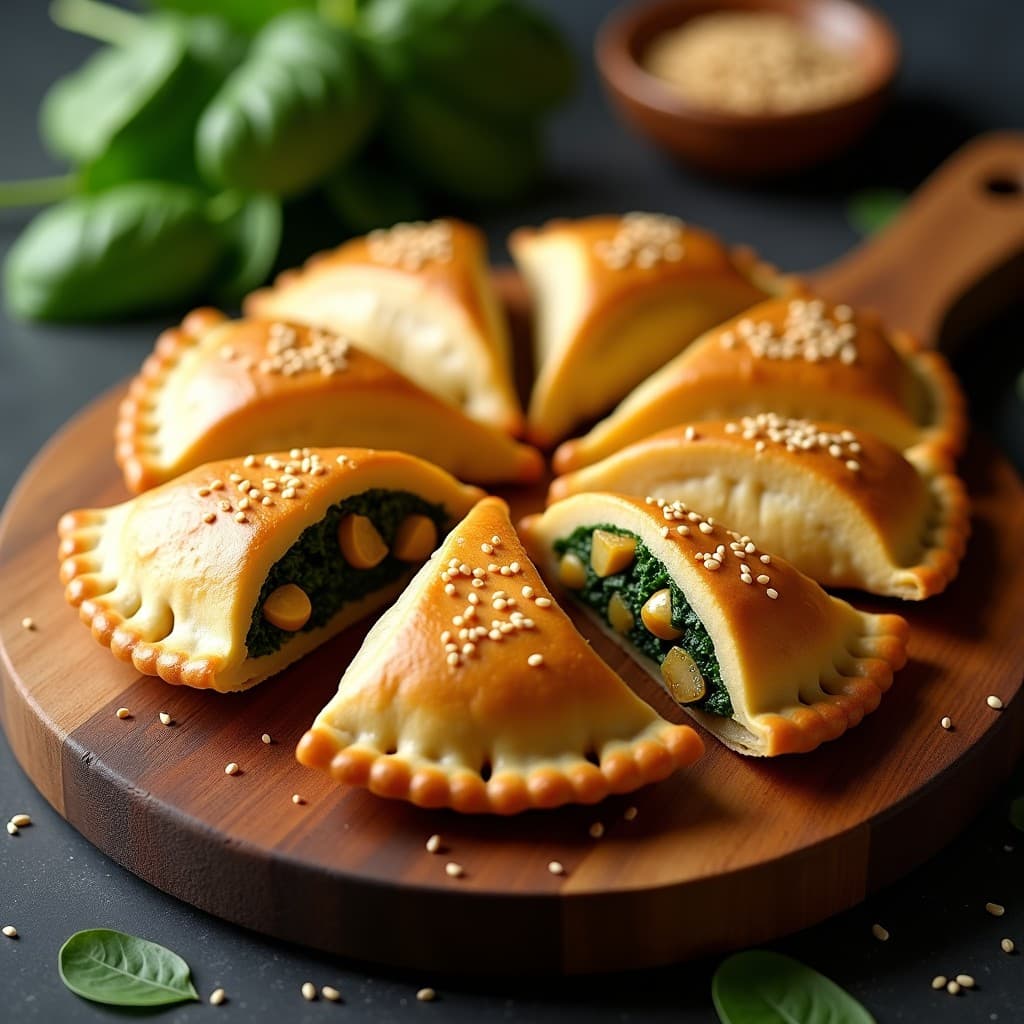 Empanadas doradas de masa de garbanzo con relleno de espinacas y pasas, servidas en una bandeja de madera rústica con semillas de sésamo por encima. Receta española sin gluten, crujiente y apetitosa.