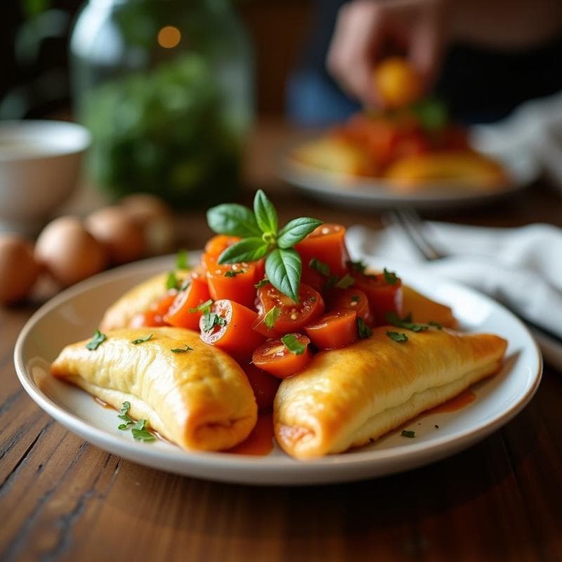 Empanadas doradas y crujientes de guayaba y queso vegano con mermelada de chile, servidas en un plato rústico de madera con un toque de mermelada roja por encima, receta colombiana en Airfryer.