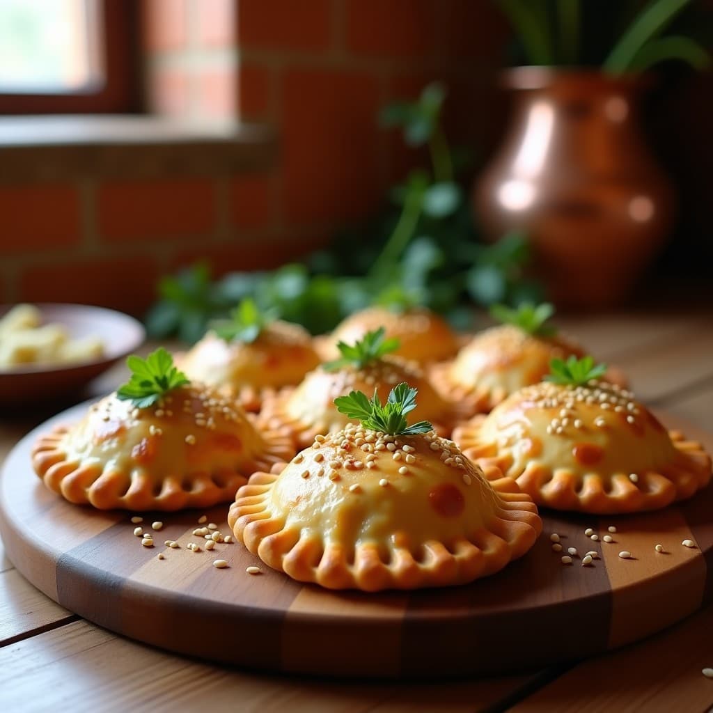 Empanadas andaluzas veganas y sin gluten de masa dorada de garbanzo, rellenas de habas tiernas y calabaza cabello de ángel, con semillas de sésamo espolvoreadas, servidas en una tabla de madera rústica.