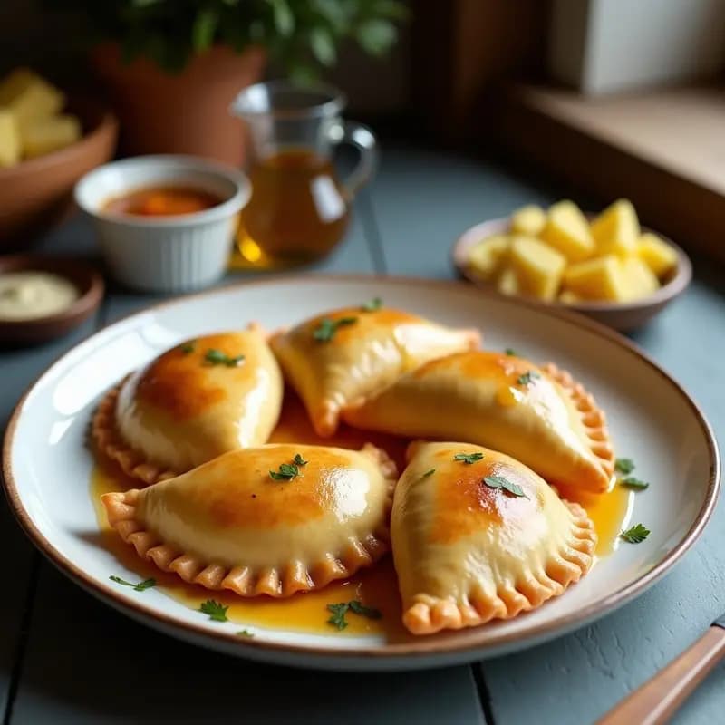 Bandeja de empanadas griegas de queso halloumi y higos con miel, doradas y crujientes, con semillas de sésamo negro y almendras fileteadas, servidas sobre papel de horno con agujeros y rociadas con miel de tomillo brillante.