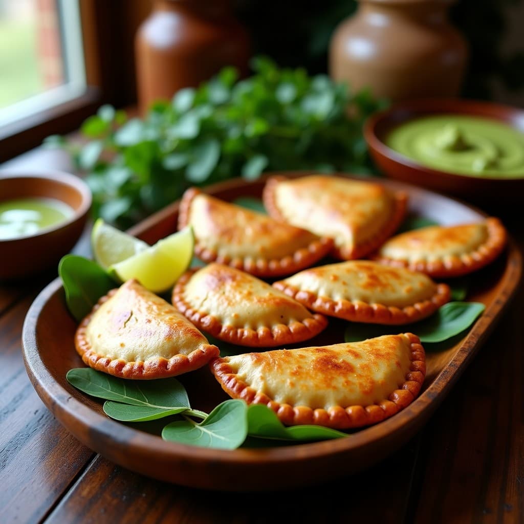 Empanadas doradas de harina de amaranto rellenas de hongos portobello, dispuestas en una bandeja de madera con hojas de epazote y rodajas de limón. Receta mexicana sin gluten, alta en proteína y horneada a la perfección.