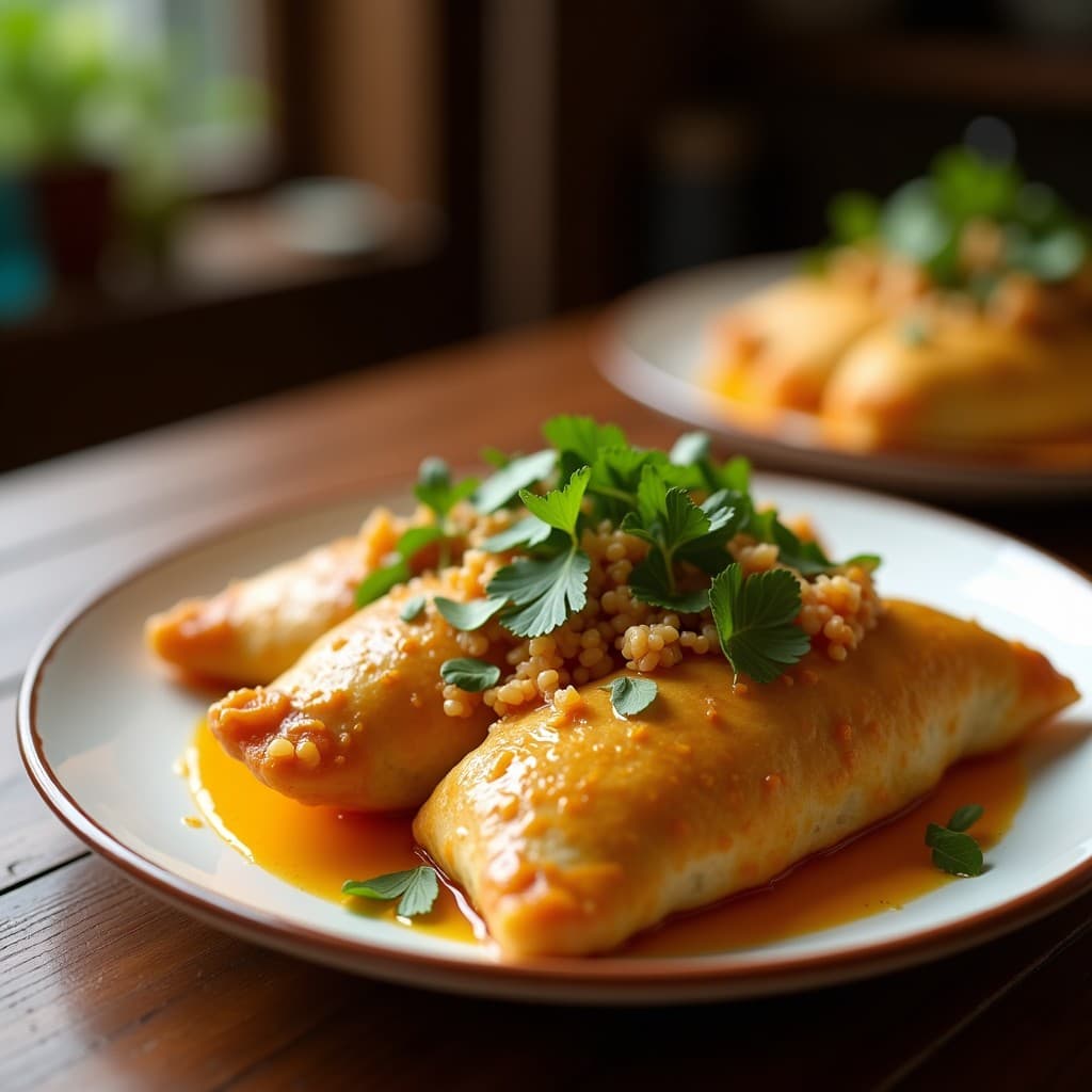 Empanadas doradas y crujientes de harina de arroz rellenas de carne de res con ají amarillo, dispuestas en una bandeja de madera rústica con hojas de cilantro fresco. Receta peruana en airfryer, sin gluten.