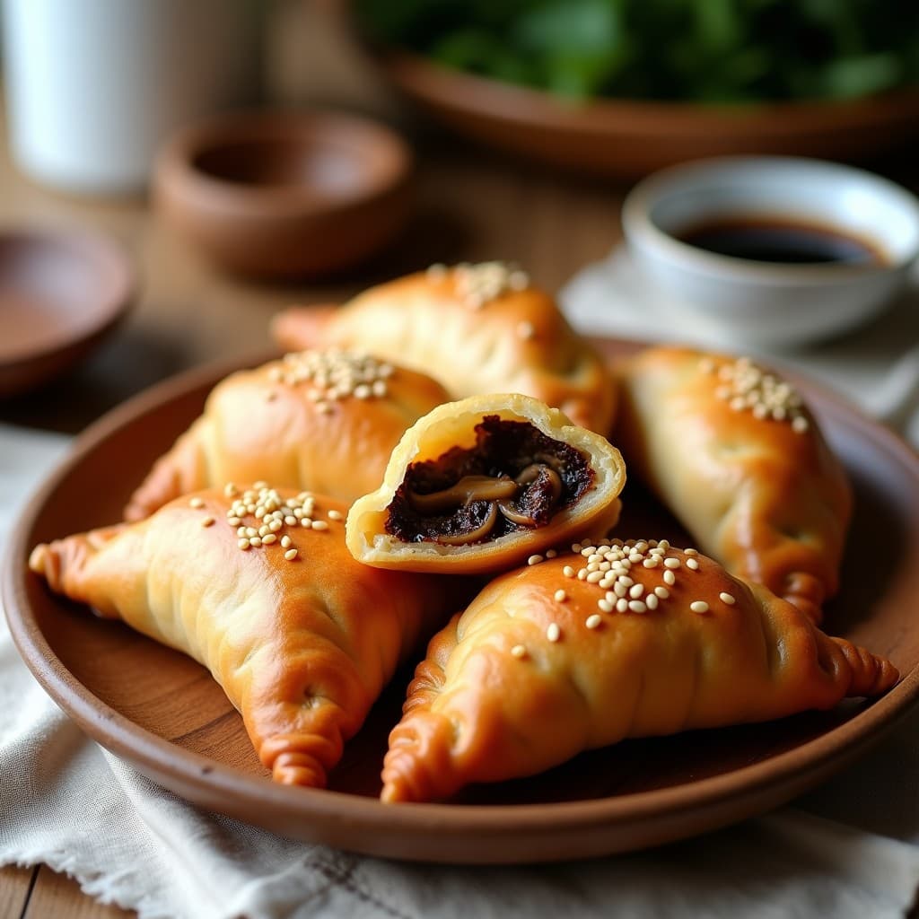 Empanadas doradas y crujientes de harina de arroz rellenas de setas shitake, con un acabado brillante y bordes perfectamente sellados, servidas en un plato de madera con hierbas frescas al lado. Receta en airfryer sin gluten.