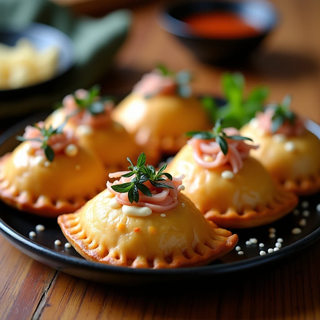 Empanadas doradas y crujientes de harina de arroz rellenas de tongoyaki, servidas en un plato de cerámica negra con mayonesa japonesa, copos de bonito y algas nori. Receta japonesa sin gluten en airfryer.