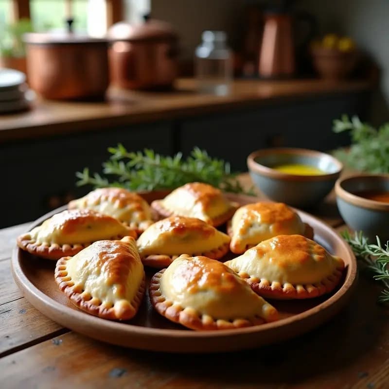 Empanadas doradas y crujientes de harina de castaña rellenas de hongos morel, servidas en un plato rústico de madera con hierbas frescas y un fondo borroso de cocina francesa.