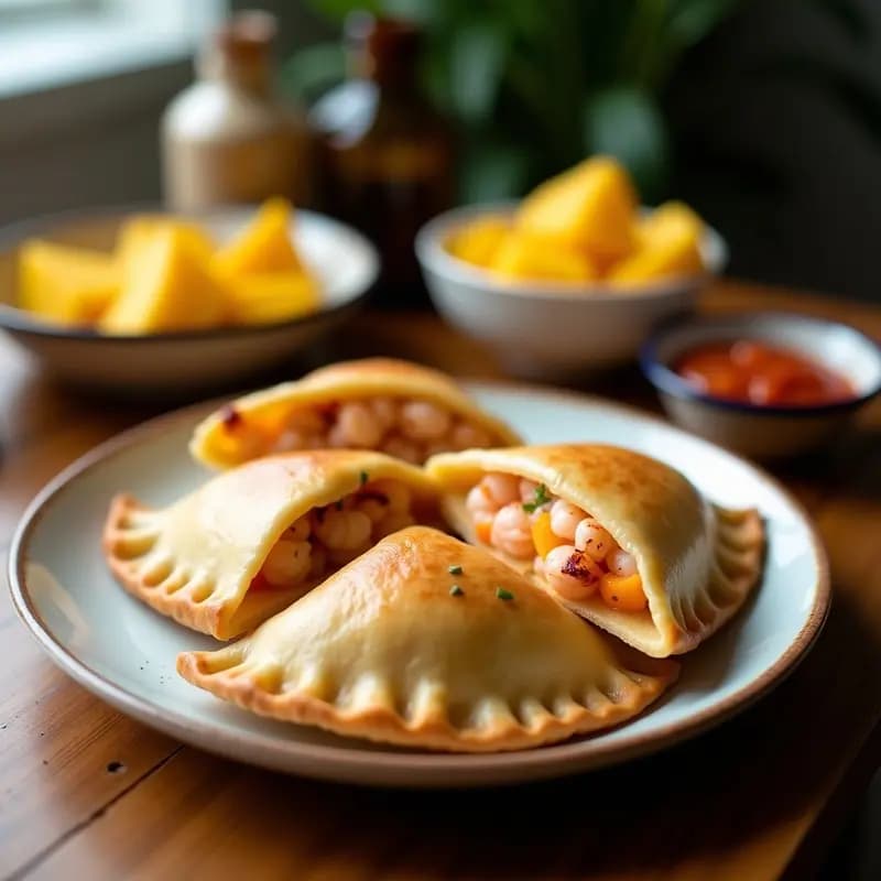 Empanadas doradas y crujientes de harina de coco rellenas de camarón y mango, servidas en una bandeja de madera con hojas de cilantro y rodajas de limón, receta colombiana sin gluten en airfryer.
