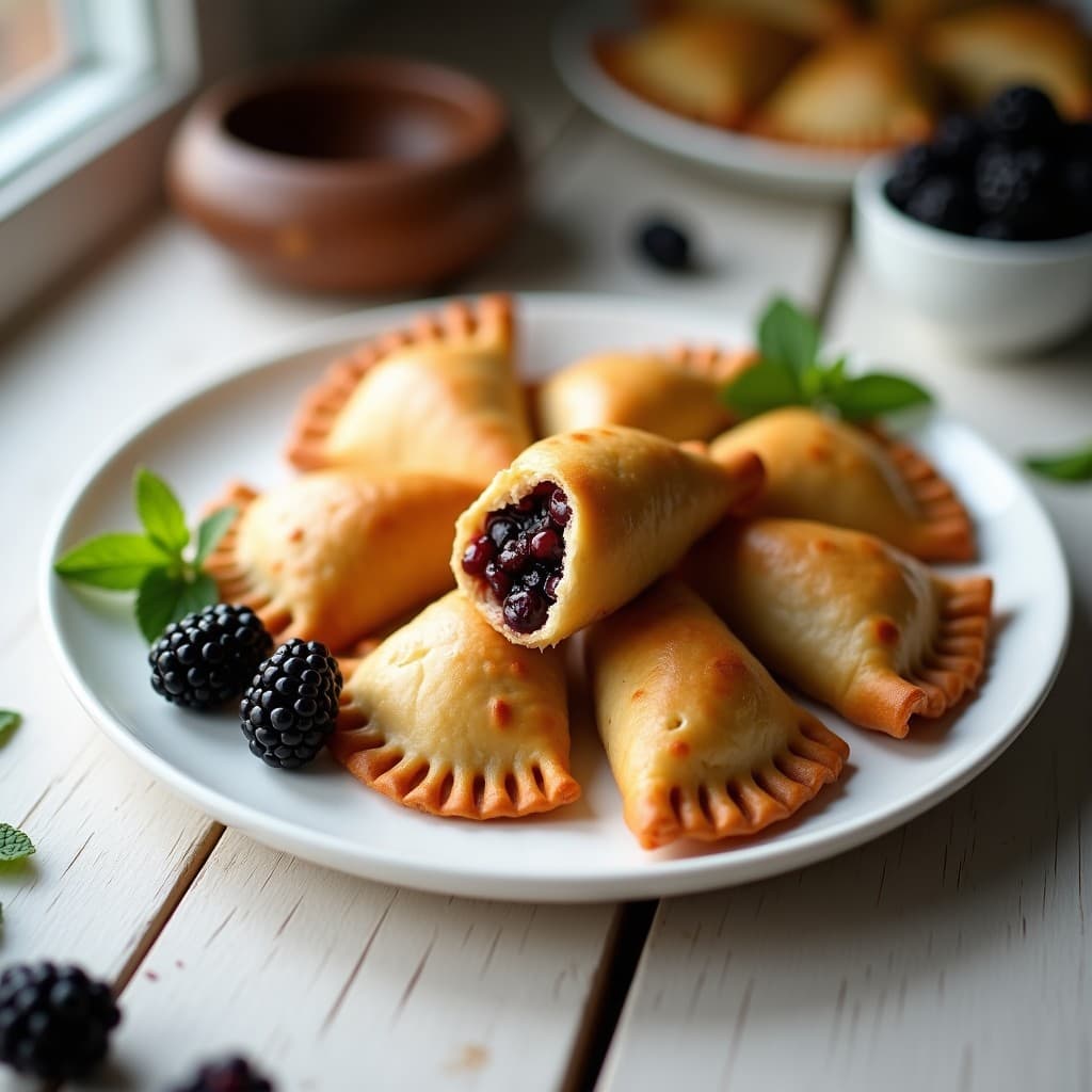 Empanadas doradas y esponjosas de harina de lentejas rellenas de seitán y moras, servidas en un plato de cerámica blanca con hojas de menta fresca. Receta sin gluten en Thermomix.
