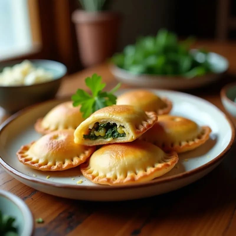 Empanadas doradas de harina de maíz rellenas de ayote y queso requesón, servidas en un plato de barro con fondo rústico. Receta colombiana sin gluten.