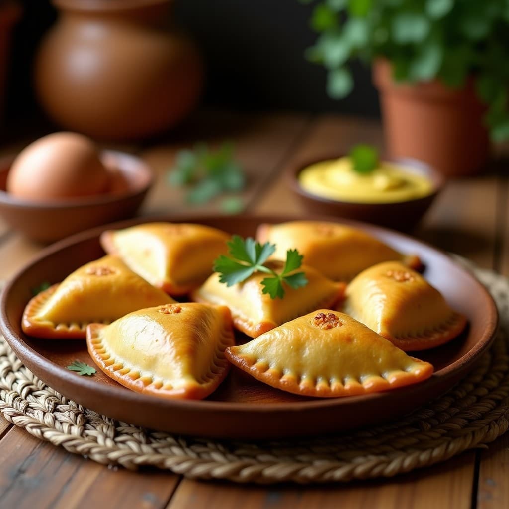 Empanadas doradas de harina de plátano rellenas de pollo desmenuzado, servidas en un plato de madera con hojas de cilantro y una salsa cremosa al lado. Receta colombiana en olla express, sin gluten y alta en proteína.