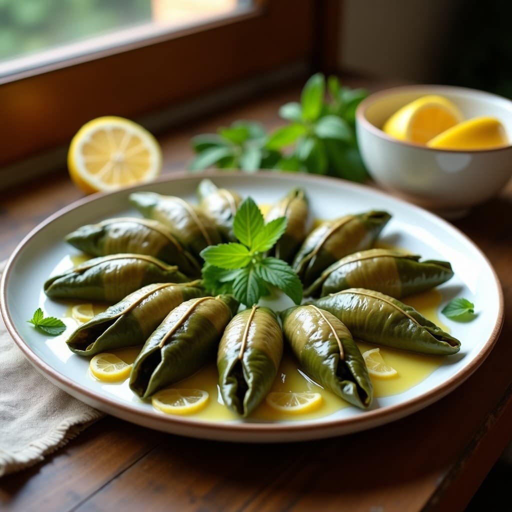 Plato blanco con empanadas de hoja de parra rellenas de arroz basmati y limón, dispuestas en círculo y decoradas con rodajas de limón y hojas de menta fresca. Receta griega tradicional.