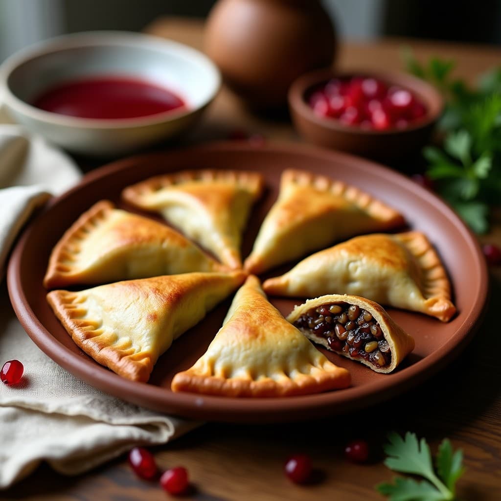 Empanadas georgianas veganas de hoja de parra con relleno de arroz salvaje y setas, doradas y crujientes, servidas en bandeja de madera con hierbas frescas.