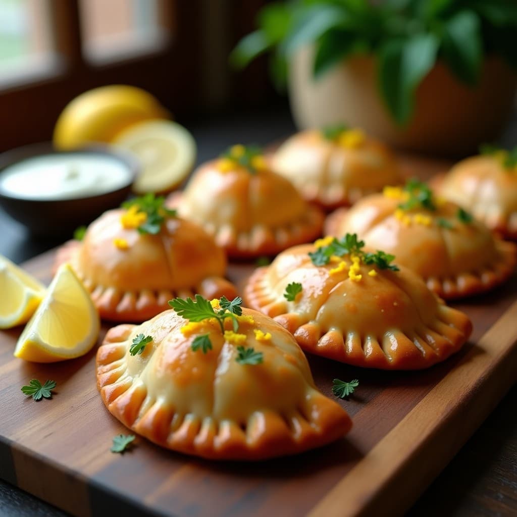 Empanadas doradas de hojaldre rellenas de gambas y algas nori, con un toque de limón, servidas en una tabla de madera rústica. Receta gourmet en airfryer con textura crujiente y relleno jugoso.