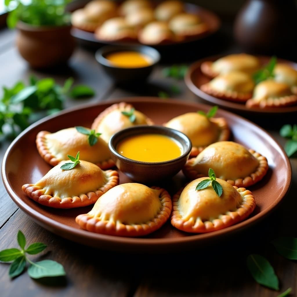 Empanadas doradas y crujientes de hongos morados y queso de castaña, con bordes perfectamente sellados, servidas en un plato de barro rústico sobre un fondo de hojas de huacatay. Receta peruana sin gluten en airfryer.