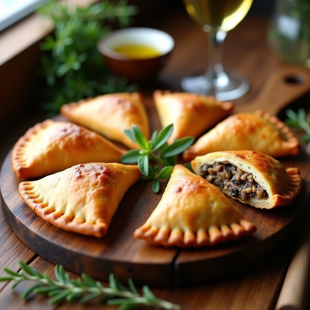 Empanadas argentinas doradas y crujientes rellenas de hongos portobello y shiitake con queso de cabra, servidas en una tabla de madera con hierbas frescas y almendras tostadas.