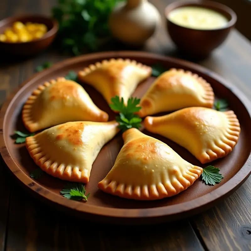Empanadas bolivianas doradas y crujientes rellenas de humita y queso de placenta, servidas en una bandeja de madera rústica con hojas de maíz como decoración.