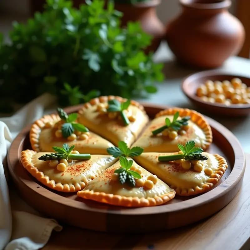 Empanadas doradas y crujientes de masa de garbanzo rellenas de hummus cremoso y espárragos trigueros, espolvoreadas con semillas de sésamo. Plato rústico de barro con rodajas de limón al lado, receta medio oriental sin gluten.