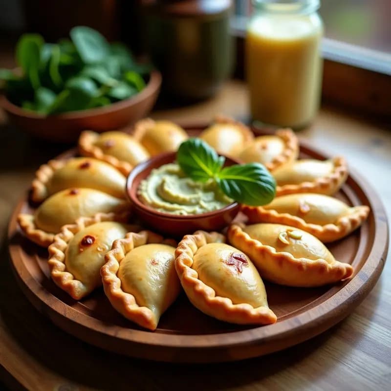 Empanadas argentinas doradas rellenas de hummus cremoso y espinacas, con bordes bien sellados y piñones visibles en el interior, servidas en una bandeja de madera rústica. Receta sin TACC y alta en hierro.