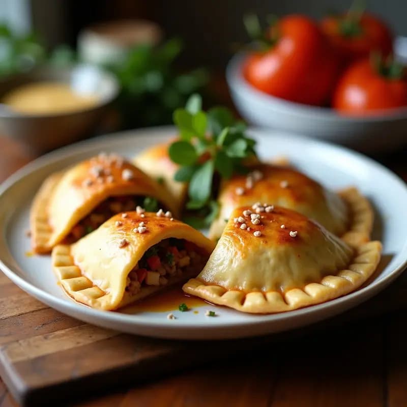 Empanadas argentinas veganas de lengua de gato doradas al horno, con relleno de picadillo de soja texturizada, dispuestas en bandeja de madera con perejil fresco.