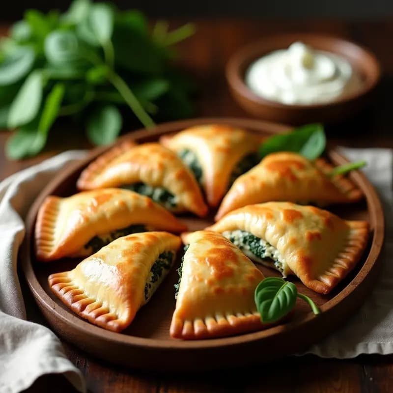 Empanadas doradas y crujientes de harina de lentejas rellenas de espinaca y ricotta, dispuestas en una bandeja de madera rústica con hojas de espinaca fresca como decoración. Receta argentina sin gluten alta en proteína.