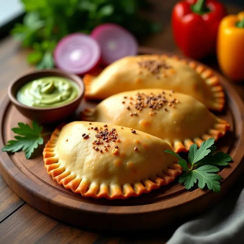 Empanadas doradas y crujientes de masa de lentejas rojas rellenas de jackfruit en adobo, decoradas con semillas de sésamo, servidas en una tabla de madera rústica con hierbas frescas y salsa de aguacate al lado. Receta sin gluten y alta en fibra.