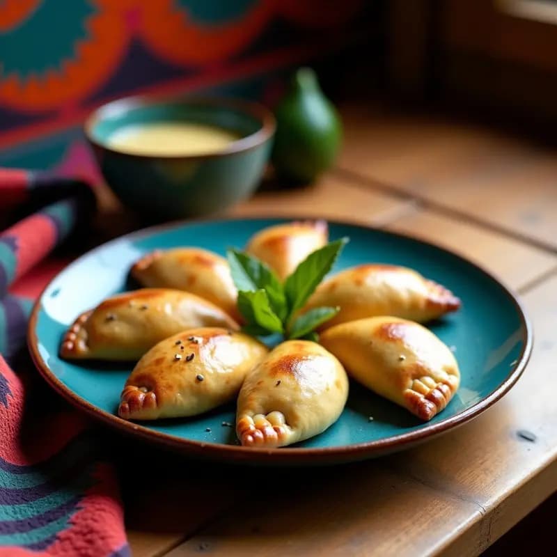 Empanadas doradas de masa de maíz azul rellenas de chongos zamoranos veganos, servidas en un plato de barro con hojas de epazote como decoración y semillas de chía espolvoreadas, receta tradicional mexicana.