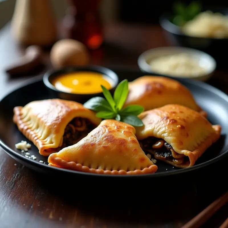 Empanadas de maíz azul doradas y crujientes rellenas de hongo pingüino (راندمان) y queso fresco, servidas en un plato de cerámica negra con hojas de huacatay y salsa de ají amarillo al lado. Receta peruana gourmet en airfryer.