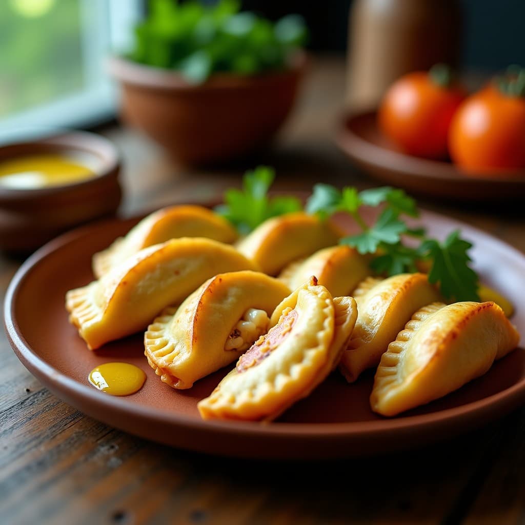 Empanadas doradas de maíz azul rellenas de tingua desmenuzada y queso palmito cremoso, servidas en un plato de barro con salsa de yogur y cilantro, receta venezolana en Thermomix.