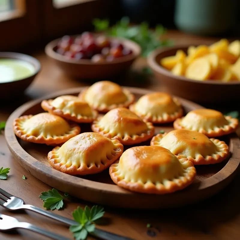 Empanadas de maíz doradas y crujientes rellenas de carne de res y pasas, dispuestas en una bandeja de madera rústica con hojas de laurel como decoración, ideal para fiambre argentino.