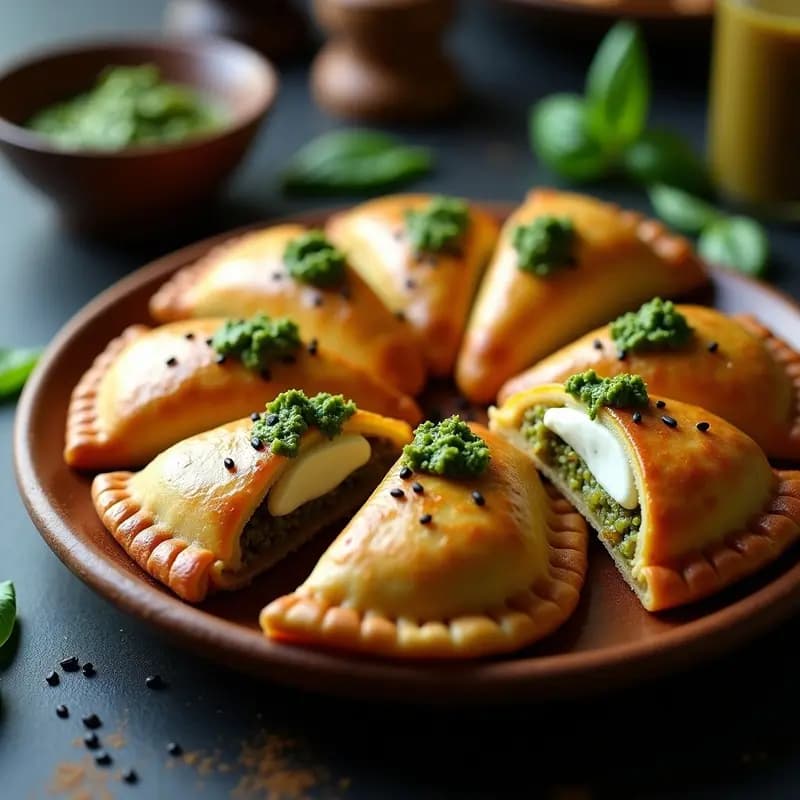 Empanadas de maíz morado doradas en airfryer, rellenas de queso burrata cremoso y pesto de albahaca verde, presentadas en un plato de madera con semillas de sésamo negro y un hilo de aceite de oliva.