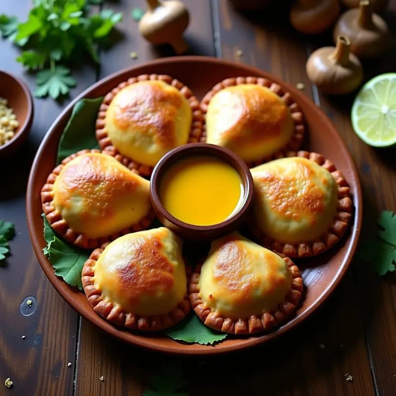 Empanadas doradas de maíz morado con relleno de hongos shiitake y ají amarillo, servidas en un plato de barro con salsa cremosa y cilantro fresco, receta peruana vegana.