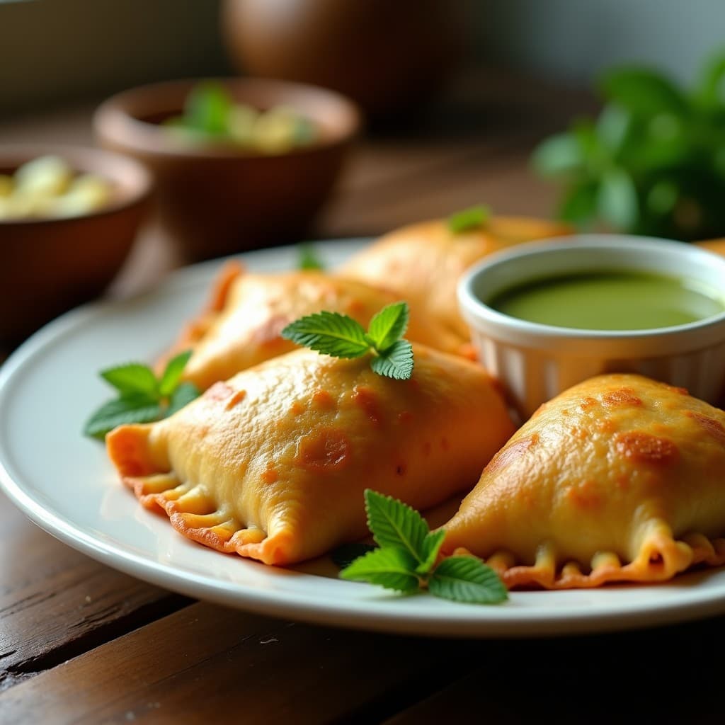 Empanadas doradas y crujientes de maíz ternero rellenas de pipián verde, servidas en un plato de cerámica blanca con salsa de pipián verde al lado y hojas de hierbabuena fresca como decoración.