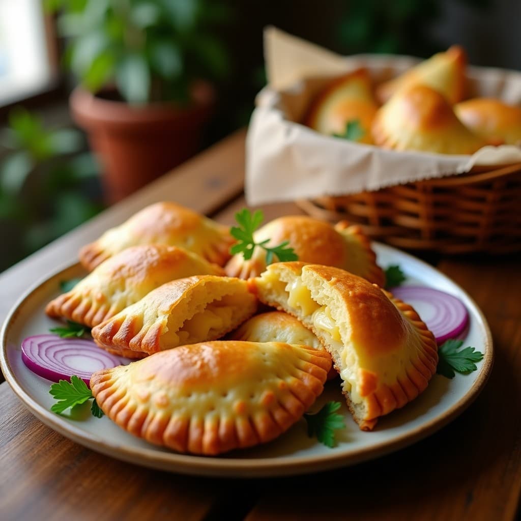 Empanadas brasileras de masa dorada de mandioca rellenas de palmito y queso Minas, crujientes por fuera y cremosas por dentro, servidas en una canasta de mimbre sobre una mesa rústica con hierbas frescas.