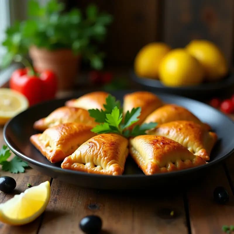 Empanadas doradas de masa de mandioca rellenas de soya texturizada, servidas en un plato de madera con hojas de cilantro fresco y rodajas de limón, receta brasileña vegana y sin gluten.