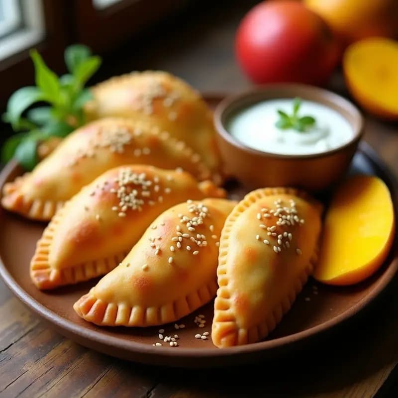 Empanadas filipinas doradas y crujientes con relleno de mango y pollito, servidas en un plato de madera rústica con hojas de cilantro fresco y semillas de sésamo, receta dulce-salada sin gluten.