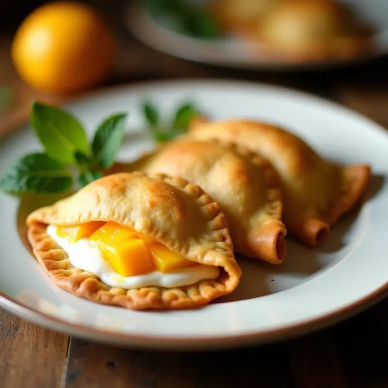 Empanadas doradas de masa de cassava rellenas de mango y queso de búfala, postre colombiano sin gluten, servidas en un plato de cerámica blanca con hojas de menta de decoración.