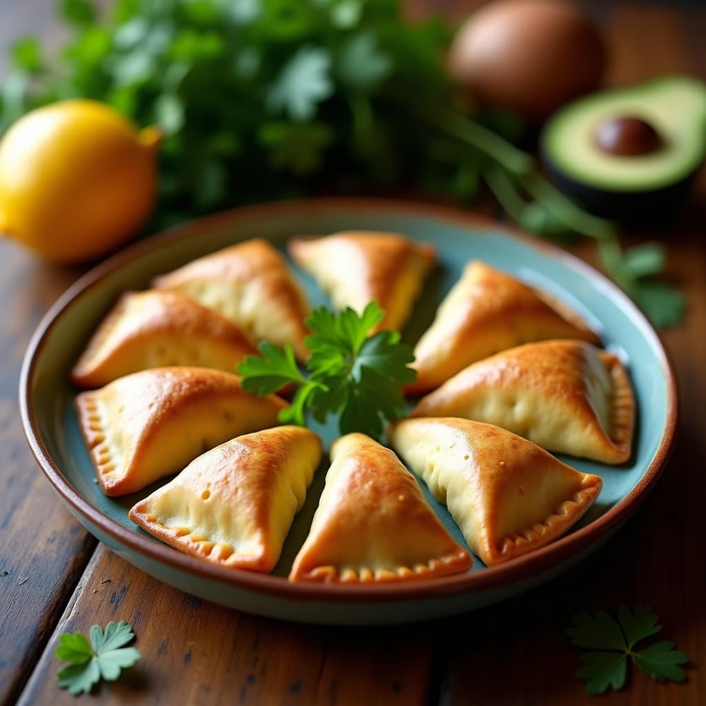 Empanadas doradas de masa de yautía rellenas de mango verde y queso de almendras, servidas en un plato de barro con hojas de cilantro fresco. Receta caribeña en Thermomix.