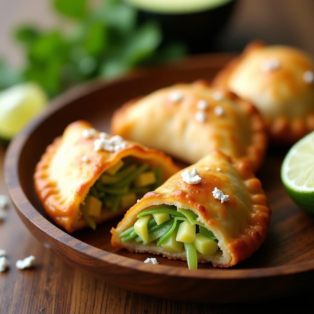 Empanadas doradas y crujientes de mango verde y queso de cabra en airfryer, con bordes perfectamente sellados y un relleno visible en el corte, servidas sobre un plato de madera rústico con hojas de cilantro fresco.