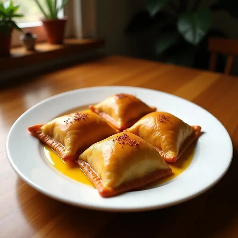 Empanadas francesas doradas y hojaldradas con relleno de manzana y canela, dispuestas en una bandeja de madera rústica con hojas de menta como decoración. Postre tradicional con masa crujiente y capas visibles.