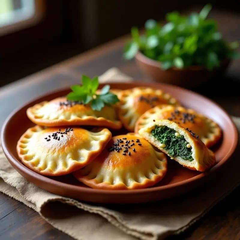 Empanadas doradas de masa de almendra rellenas de espinacas y piñones, dispuestas en una bandeja de madera rústica con semillas de sésamo espolvoreadas. Receta árabe vegana crujiente y especiada.