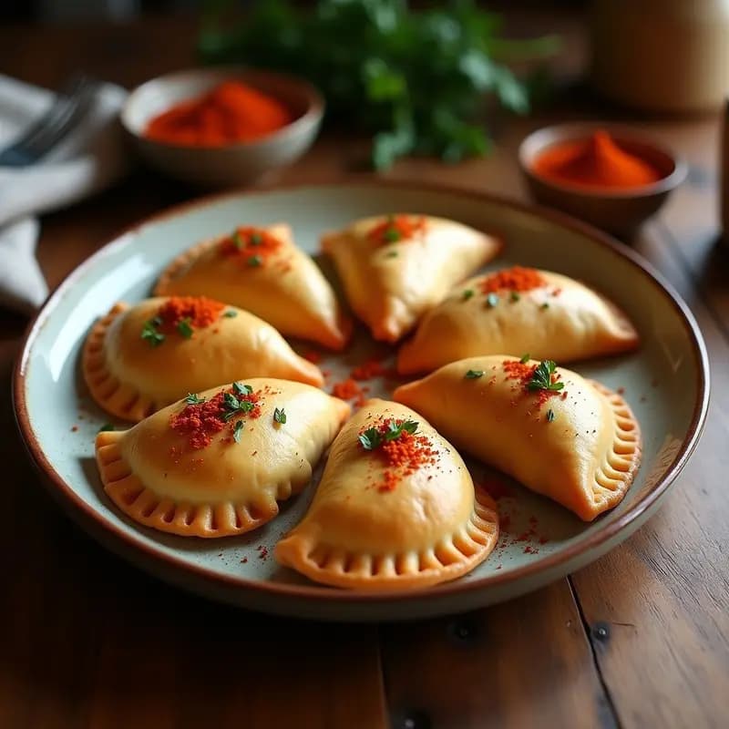 Empanadas doradas y crujientes de masa de almendra rellenas de pulpo y pimentón, servidas en un plato rústico de cerámica con un toque de perejil fresco y pimentón espolvoreado por encima. Receta gallega sin gluten cocinada en airfryer.