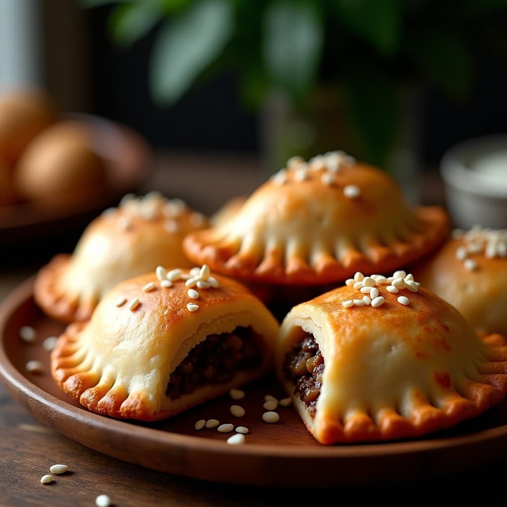 Empanadas doradas y crujientes de masa de avellana rellenas de hongos shiitake, con semillas de sésamo por encima, servidas en un plato de madera rústico. Receta keto en airfryer, baja en carbohidratos y sin gluten.